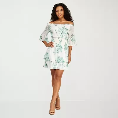 Premier Amour Womens Off The Shoulder Short Sleeve Floral Midi Fit + Flare Dress