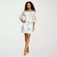 Premier Amour Womens Off The Shoulder Short Sleeve Floral Midi Fit + Flare Dress
