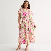 Be by CHETTA B Womens Plus Short Sleeve Floral Maxi Dress