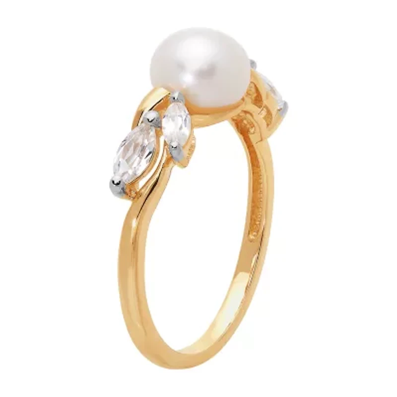 Certified Sofia Cultured Freshwater Pearl and Lab Created White Sapphire 10K Gold Cocktail Ring