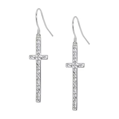 Sparkle Allure Womens Crystal Pure Silver Over Brass Cross Drop Earrings