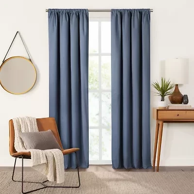 Fieldcrest Devin Solid Cotton Chambray Rod Pocket Energy Saving 100% Blackout Single Curtain Panel