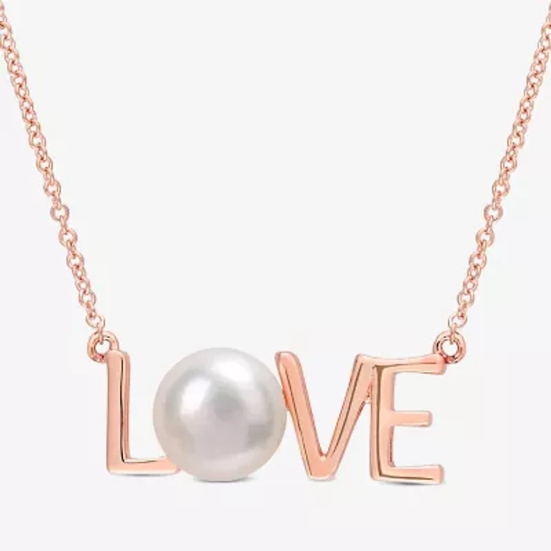 Love" Womens White Cultured Freshwater Pearl 10K Rose Gold 17 Inch Pendant Necklace