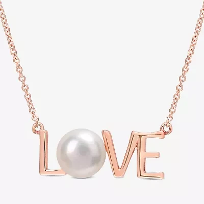 Love" Womens White Cultured Freshwater Pearl 10K Rose Gold 17 Inch Pendant Necklace
