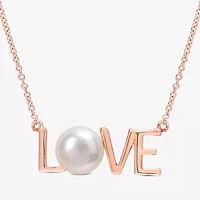 Love" Womens White Cultured Freshwater Pearl 10K Rose Gold 17 Inch Pendant Necklace