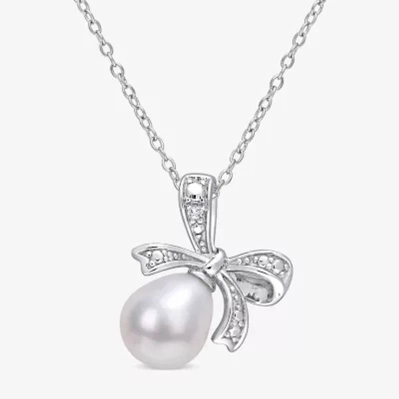 Womens Diamond Accent White Cultured Freshwater Pearl Sterling Silver Bow 18 Inch Pendant Necklace