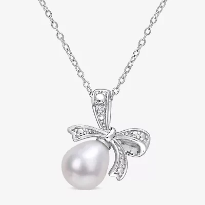 Womens Diamond Accent White Cultured Freshwater Pearl Sterling Silver Bow 18 Inch Pendant Necklace