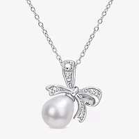 Womens Diamond Accent White Cultured Freshwater Pearl Sterling Silver Bow 18 Inch Pendant Necklace