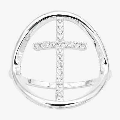 Sparkle Allure Open Womens Cubic Zirconia Pure Silver Over Brass Cross Cocktail Ring