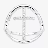 Sparkle Allure Open Womens Cubic Zirconia Pure Silver Over Brass Cross Cocktail Ring