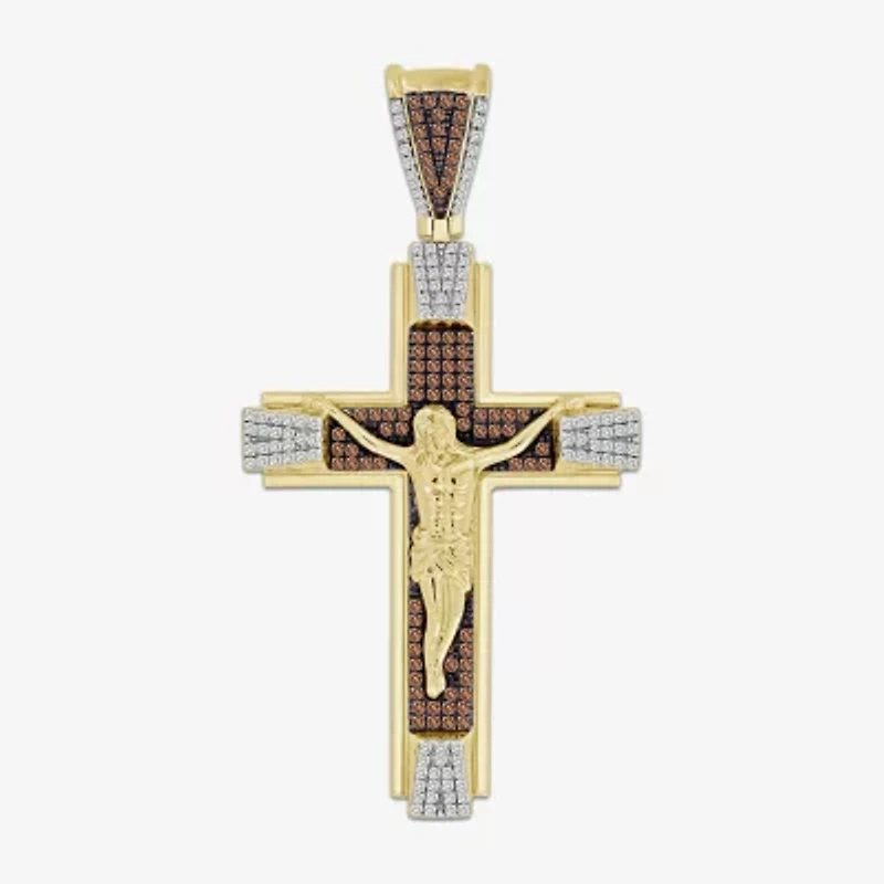 "Crucifix" Mens 1/2 CT. T.W. Natural Champagne Diamond 10K Gold Cross Pendant