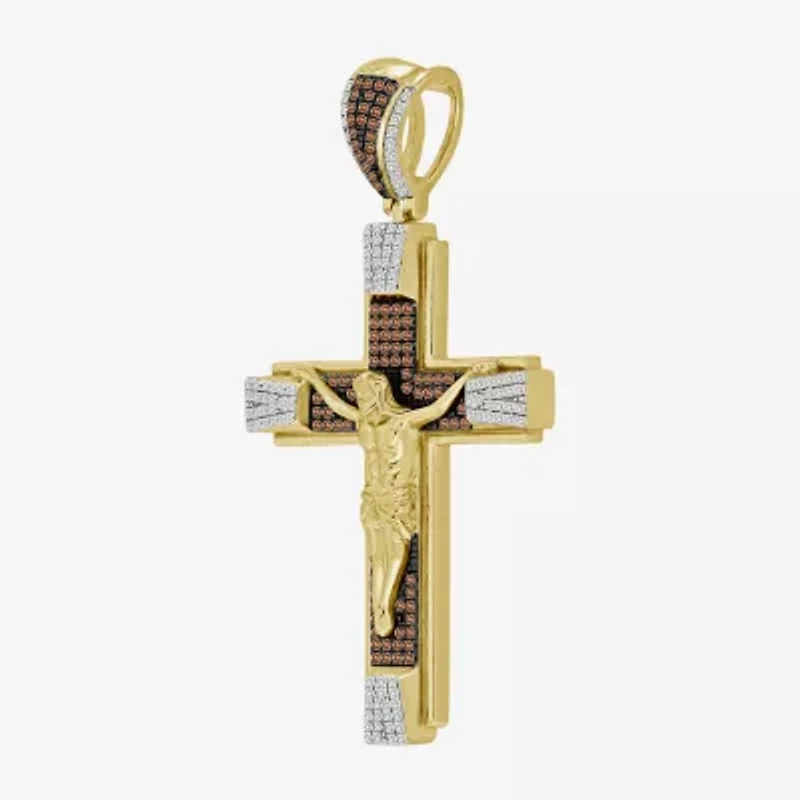"Crucifix" Mens 1/2 CT. T.W. Natural Champagne Diamond 10K Gold Cross Pendant