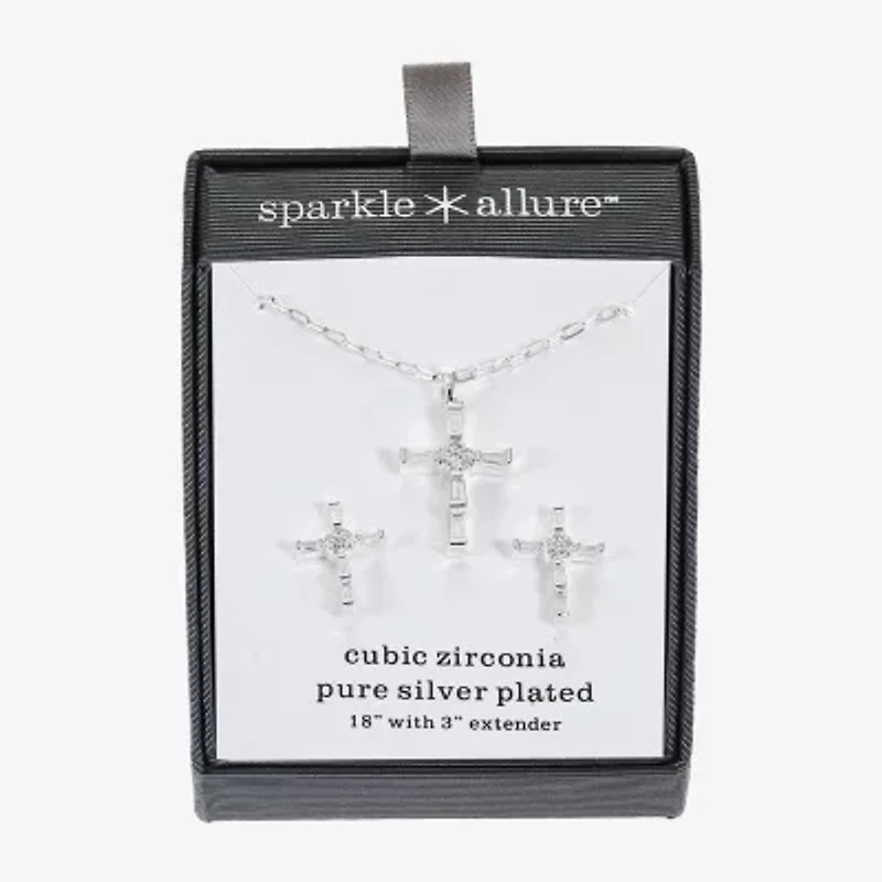 Sparkle Allure Womens Cubic Zirconia Pure Silver Over Brass Cross 2-pc. Jewelry Set