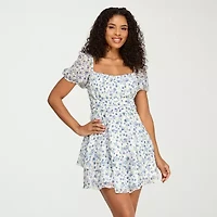 City Triangle Womens Juniors Short Sleeve Floral Fit + Flare Dress