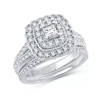Womens 1 CT. T.W. Natural Diamond 10K White Gold Cushion Bridal Set