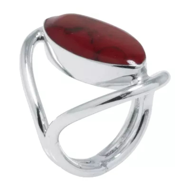 Sparkle Allure Simulated Red Womens Jasper Pure Silver Over Brass Oval Cocktail Ring