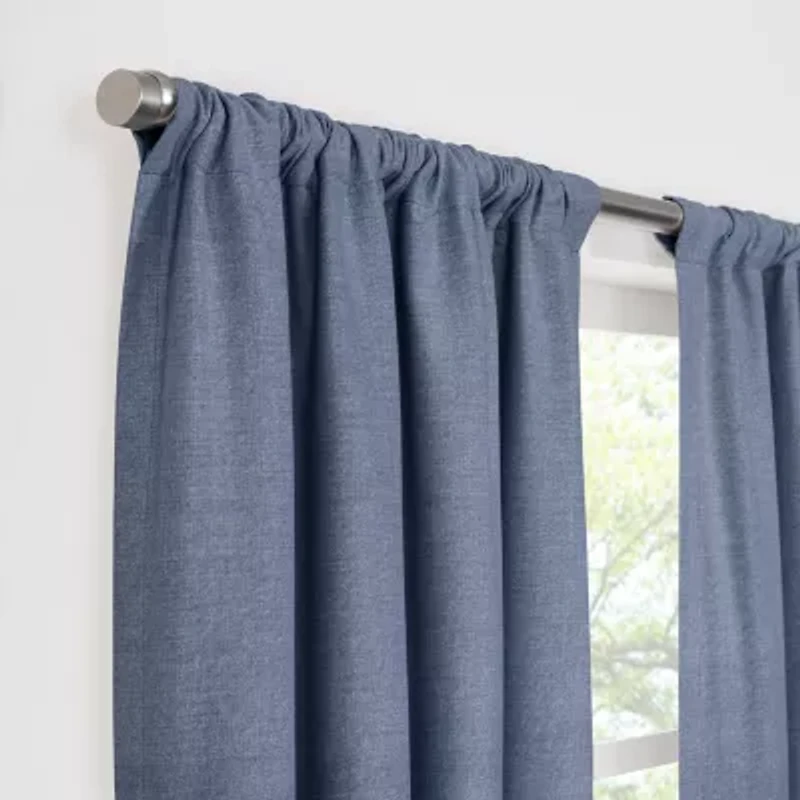 Fieldcrest Devin Flippable Stripe Cotton Chambray Rod Pocket Energy Saving 100% Blackout Single Curtain Panel