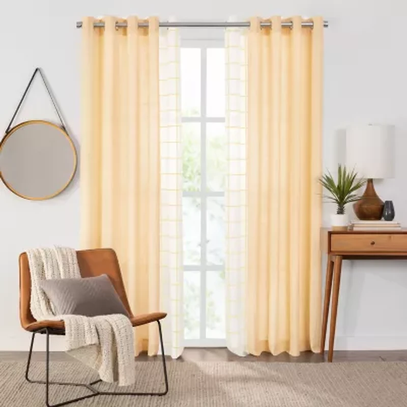 Fieldcrest Arden Windowpane Cotton Grommet Top Sheer Single Curtain Panel