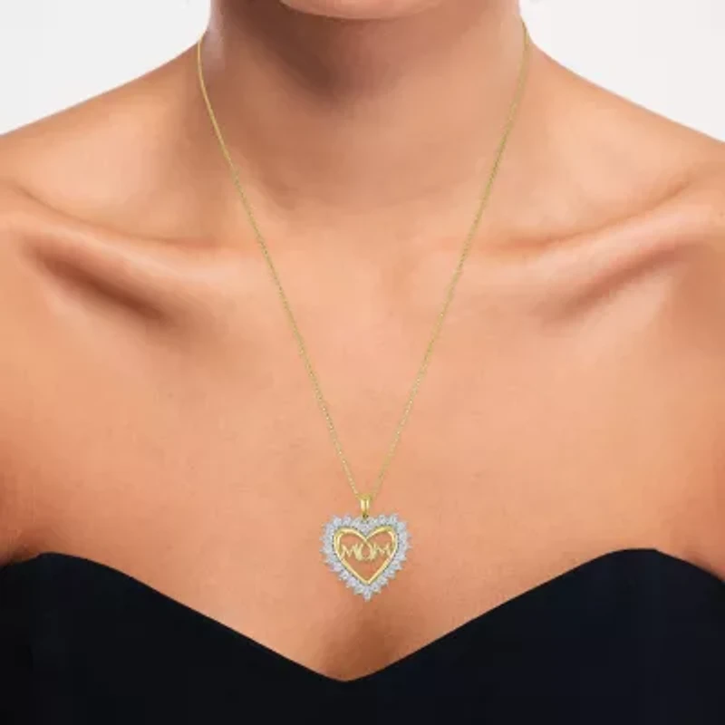 "Mom" (G-H / I1-I2) Womens 1/4 CT. T.W. Lab Grown White Diamond 14K Gold Over Silver Heart 18 Inch Pendant Necklace