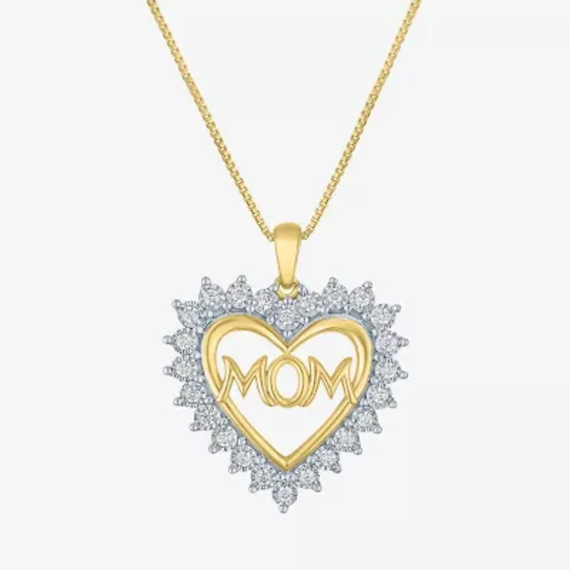 "Mom" (G-H / I1-I2) Womens 1/4 CT. T.W. Lab Grown White Diamond 14K Gold Over Silver Heart 18 Inch Pendant Necklace