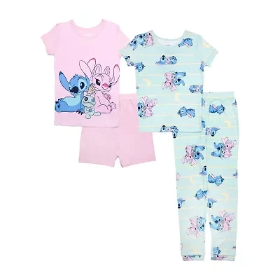 Disney Collection Little & Big Kid Girls Lilo Stitch Crew Neck Short Sleeve 4-pc. Pajama Sets