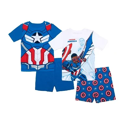 Disney Collection Little & Big Kid Boys Captain America Crew Neck Short Sleeve 4-pc. Pajama Sets