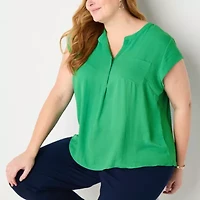 Liz Claiborne Womens Plus Split Crew Neck Cap Short Sleeve Regular Fit Button-Down Shirt