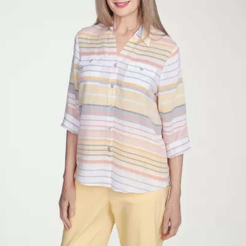 Alfred Dunner Dress Code Womens 3/4 Sleeve Button-Down Shirt