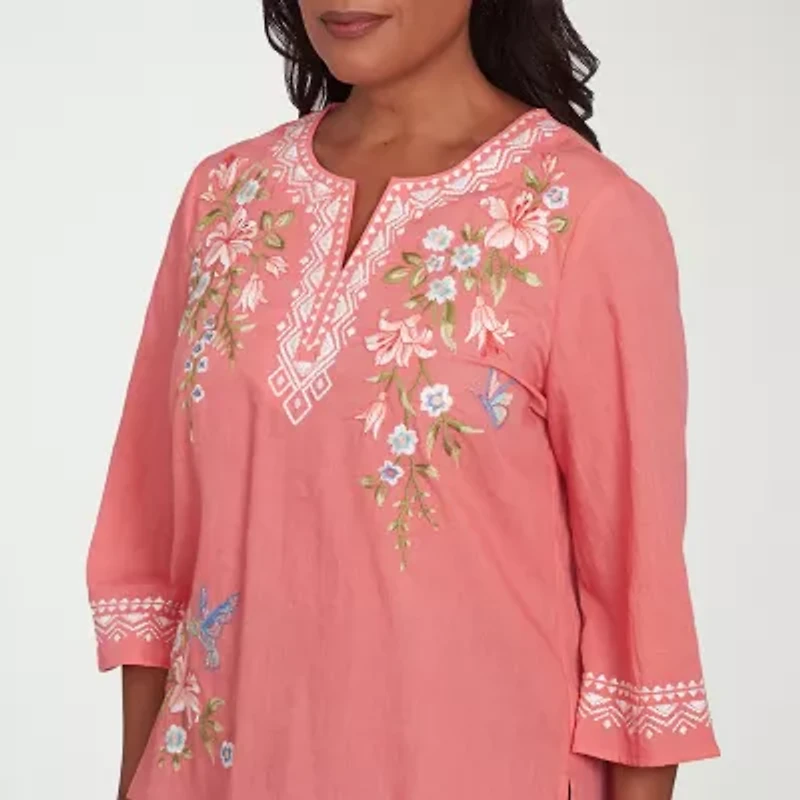 Alfred Dunner Free Spirit Womens Split Crew Neck 3/4 Sleeve Embroidered Blouse