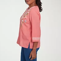 Alfred Dunner Free Spirit Womens Split Crew Neck 3/4 Sleeve Embroidered Blouse