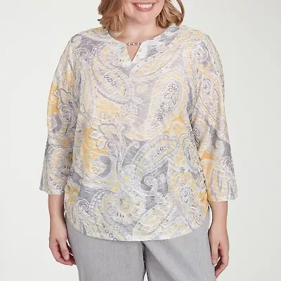 Alfred Dunner Dress Code Womens Keyhole Neck 3/4 Sleeve Plus T-Shirt