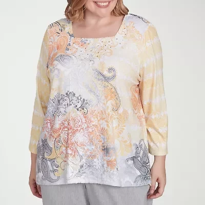 Alfred Dunner Dress Code Womens Square Neck 3/4 Sleeve Plus T-Shirt