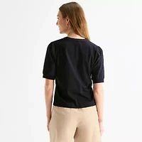 Liz Claiborne Womens Split Crew Neck Elbow Sleeve Blouse