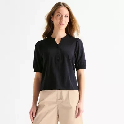 Liz Claiborne Womens Split Crew Neck Elbow Sleeve Blouse