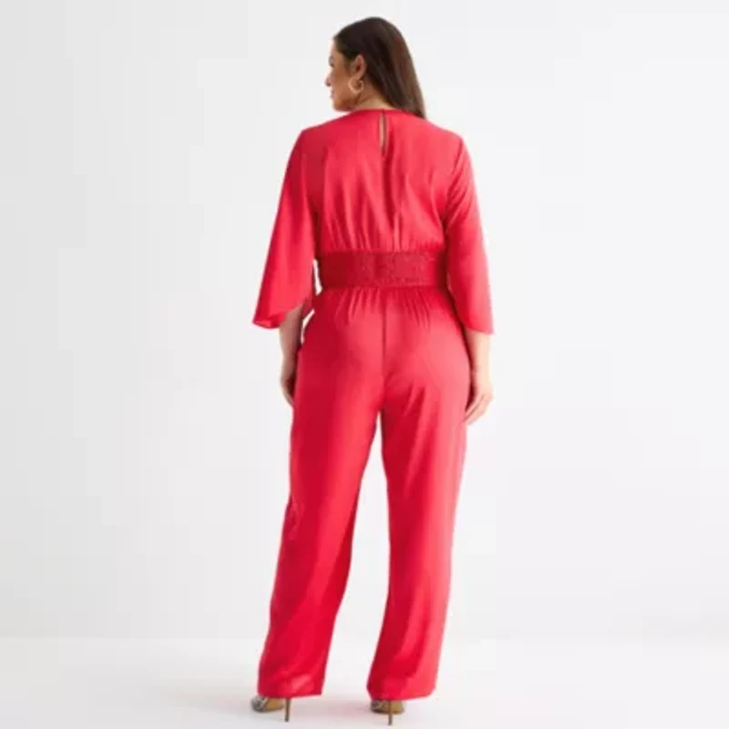 Bold Elements Womens V Neck Elbow Sleeve Satin Plus Jumpsuit