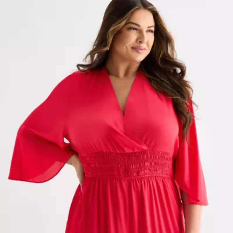 Bold Elements Womens V Neck Elbow Sleeve Satin Plus Jumpsuit