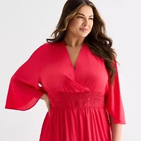 Bold Elements Womens V Neck Elbow Sleeve Satin Plus Jumpsuit