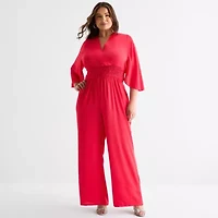 Bold Elements Womens V Neck Elbow Sleeve Satin Plus Jumpsuit