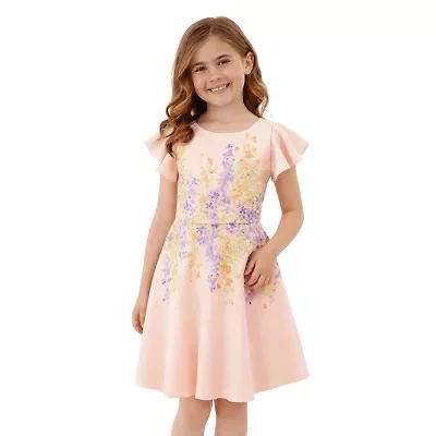 Lilt Big Kid Girls Short Sleeve Flutter Floral Skater Dress