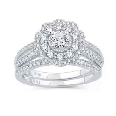 Womens 1 CT. T.W. Natural Diamond 10K White Gold Round Side Stone Halo Bridal Set