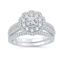 Womens 1 CT. T.W. Natural Diamond 10K White Gold Round Side Stone Halo Bridal Set