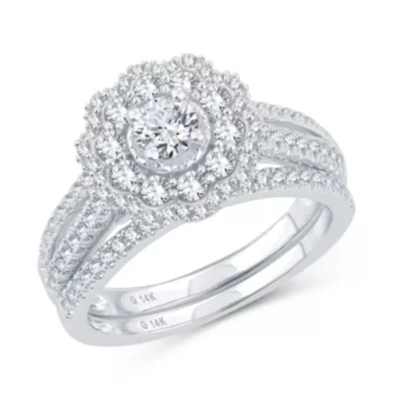 Womens 1 CT. T.W. Natural Diamond 10K White Gold Round Side Stone Halo Bridal Set