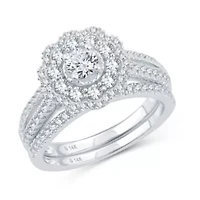 Womens 1 CT. T.W. Natural Diamond 10K White Gold Round Side Stone Halo Bridal Set