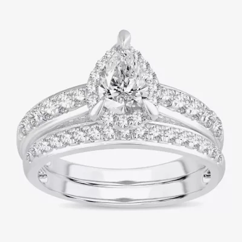 H-I / Si1-Si2) Womens / CT. T.W. Lab Grown White Diamond 10K Gold Pear Side Stone Halo Bridal Set
