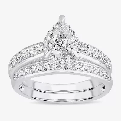 H-I / Si1-Si2) Womens / CT. T.W. Lab Grown White Diamond 10K Gold Pear Side Stone Halo Bridal Set