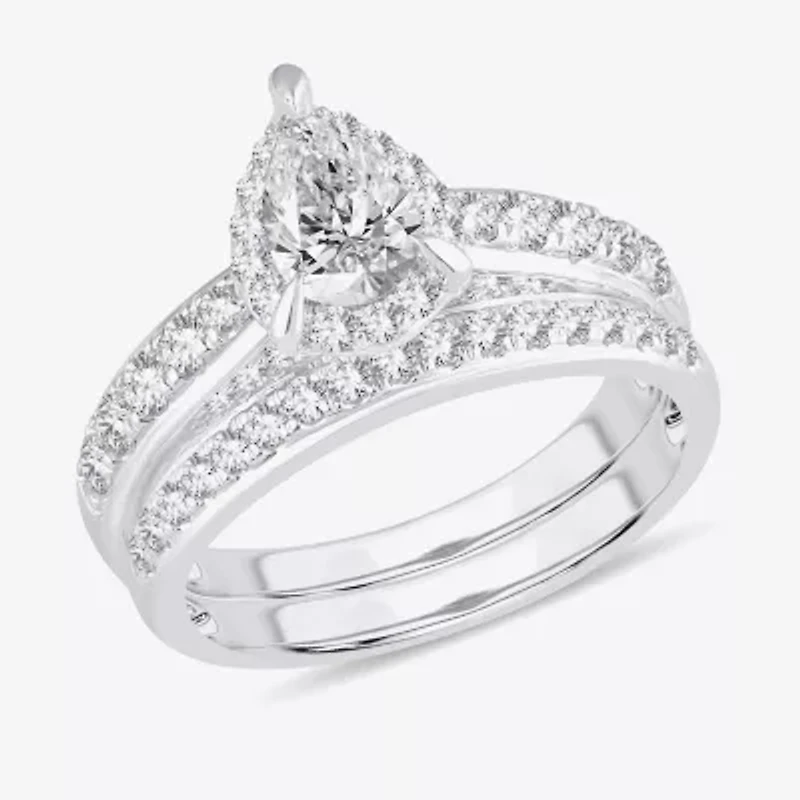 H-I / Si1-Si2) Womens / CT. T.W. Lab Grown White Diamond 10K Gold Pear Side Stone Halo Bridal Set