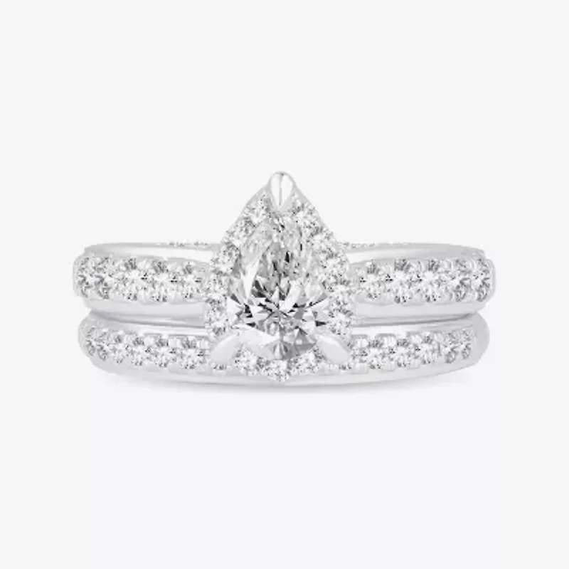 H-I / Si1-Si2) Womens / CT. T.W. Lab Grown White Diamond 10K Gold Pear Side Stone Halo Bridal Set