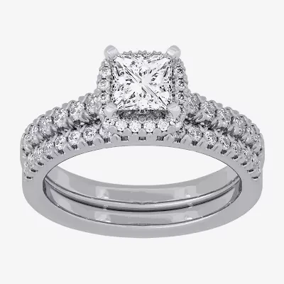 H-I / Si1-Si2) Womens / CT. T.W. Lab Grown White Diamond 10K Gold Cushion Side Stone Halo Bridal Set
