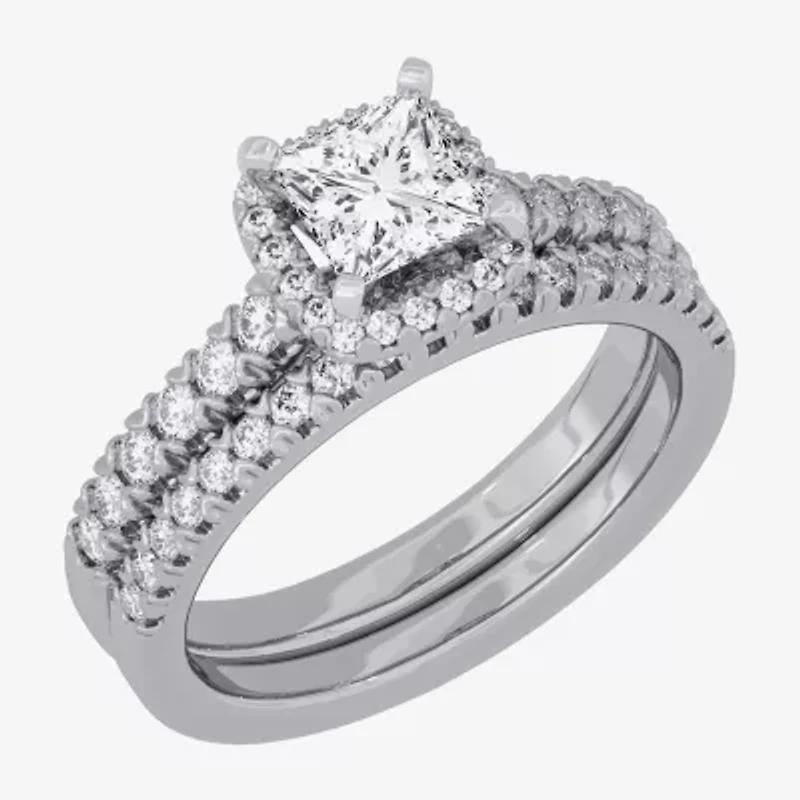H-I / Si1-Si2) Womens / CT. T.W. Lab Grown White Diamond 10K Gold Cushion Side Stone Halo Bridal Set