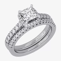 H-I / Si1-Si2) Womens / CT. T.W. Lab Grown White Diamond 10K Gold Cushion Side Stone Halo Bridal Set